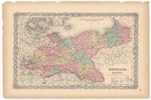 Alte Landkarte der preußischen und sächsischen Provinzen mit sichtbaren Grenzen, auf altem Papier gedruckt.