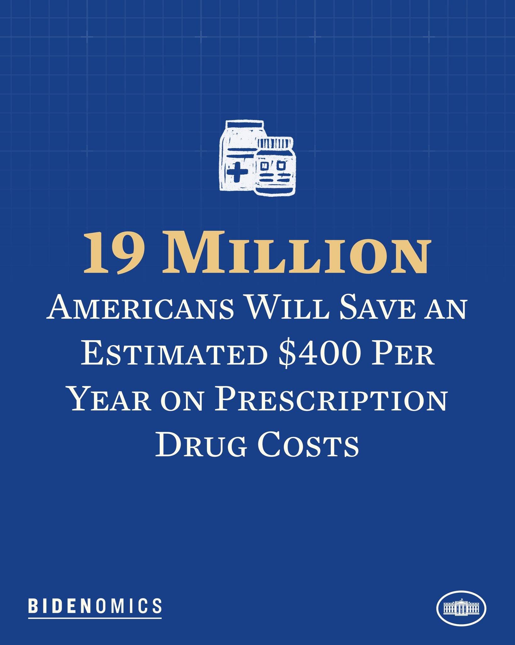 Blauer Hintergrund mit weißer Schrift und einem Logo, das besagt: "19 Millionen Amerikaner werden geschätzt 400 USD pro Jahr an Arzneikosten sparen."