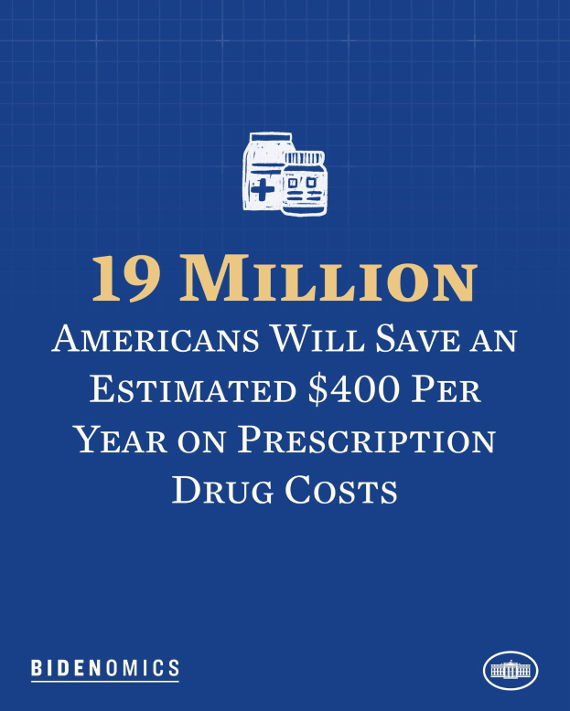 Blauer Hintergrund mit weißer Schrift und einem Logo, das besagt: "19 Millionen Amerikaner werden geschätzt 400 USD pro Jahr an Arzneikosten sparen."