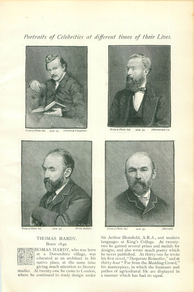 Vier Porträts bärtiger Männer auf einem alten Buchumschlag mit der Aufschrift "Porträts von Prominenten zu verschiedenen Zeiten ihres Lebens", wobei das zentrale Porträt einen Geschäftsmann zeigt.