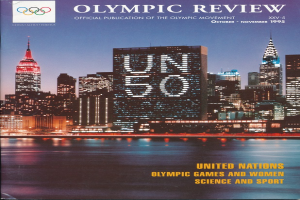 Ein Buch mit dem Titel "Olympische Übersicht Offizielle Veröffentlichung der Olympischen Bewegung" mit einem Stadtbild auf dem Cover, das Gebäude, Lichter und Wasser zeigt und den Text "Vereinte Nationen Olympische Spiele und Frauen Wissenschaft und Sport" enthält.
