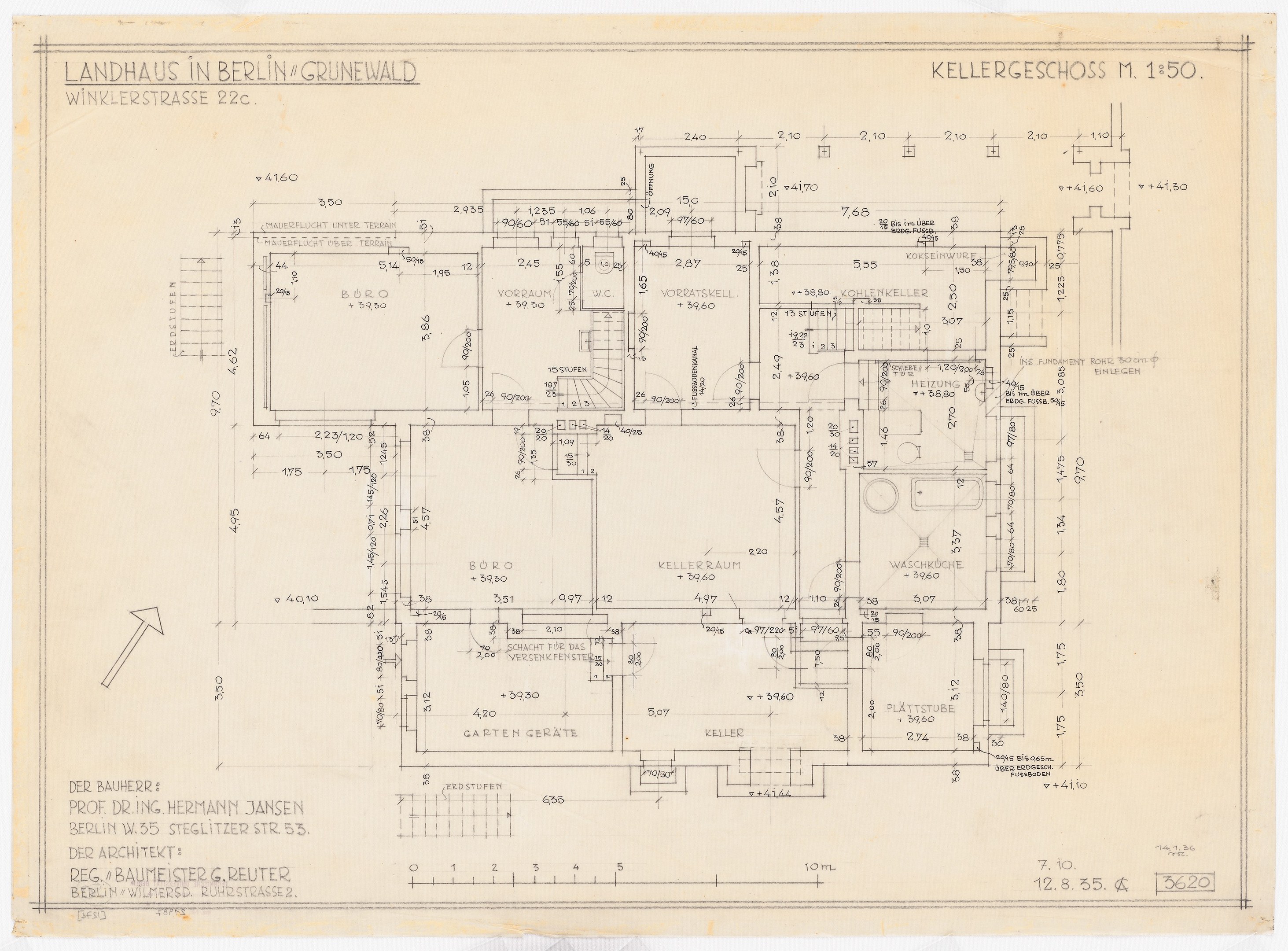 Blaupause eines Hauses mit der Bezeichnung "Landhaus in Berlin" auf Papier gezeichnet, wahrscheinlich ein Hausplan.