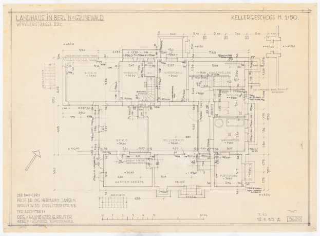 Blaupause eines Hauses mit der Bezeichnung "Landhaus in Berlin" auf Papier gezeichnet, wahrscheinlich ein Hausplan.