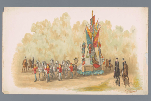 Ein Gemälde, das einen Karnevalsumzug mit Menschen in bunten Kostümen zeigt, die auf Pferden vor einem geschmückten Motivwagen reiten, vor einem Hintergrund aus Bäumen und einem klaren blauen Himmel.