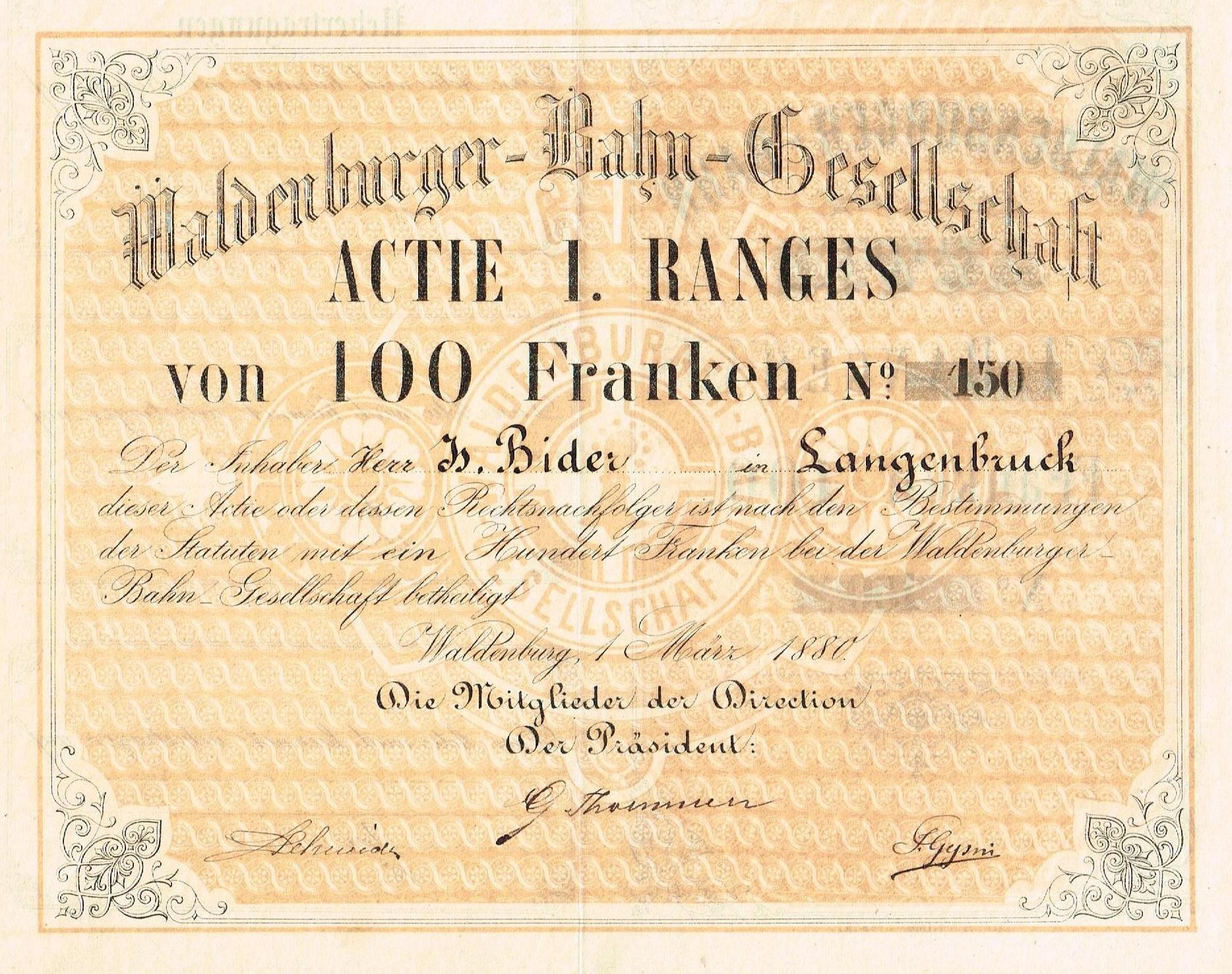 Alte deutsche Banknote mit einem Porträt eines Mannes und der Inschrift "Haldenburger-Balm Gesellschaft Aktie 1 Ranges".