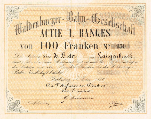 Alte deutsche Banknote mit einem Porträt eines Mannes und der Inschrift "Haldenburger-Balm Gesellschaft Aktie 1 Ranges".