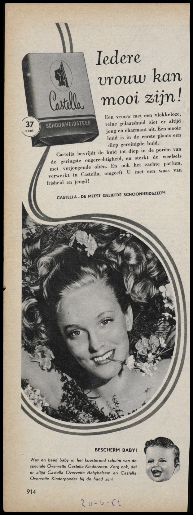 Werbeposter für Castella-Seife mit einer lachenden Frau und Textbeschreibung des Produkts