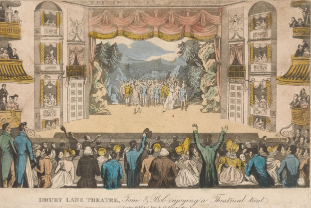 Eine Menschenmenge steht vor einer Bühne im Drury Lane Theatre in London, mit bemalten Vorhängen, Bäumen, Hügeln und einem Himmel als Hintergrund; Text unten lautet "James & Bob Genießen einen Theaterabend."