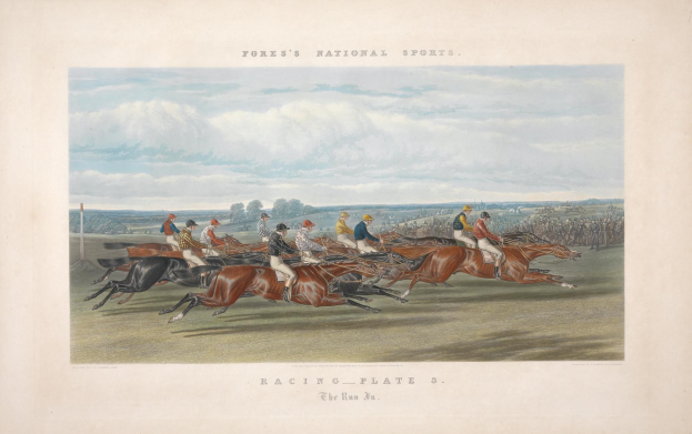 Gemälde einer Gruppe von Menschen, die auf Pferden auf einer Rennbahn reiten, mit Bäumen im Hintergrund und Wolken am Himmel, mit der Aufschrift "Racing Plate 3: The Run 3" unten.