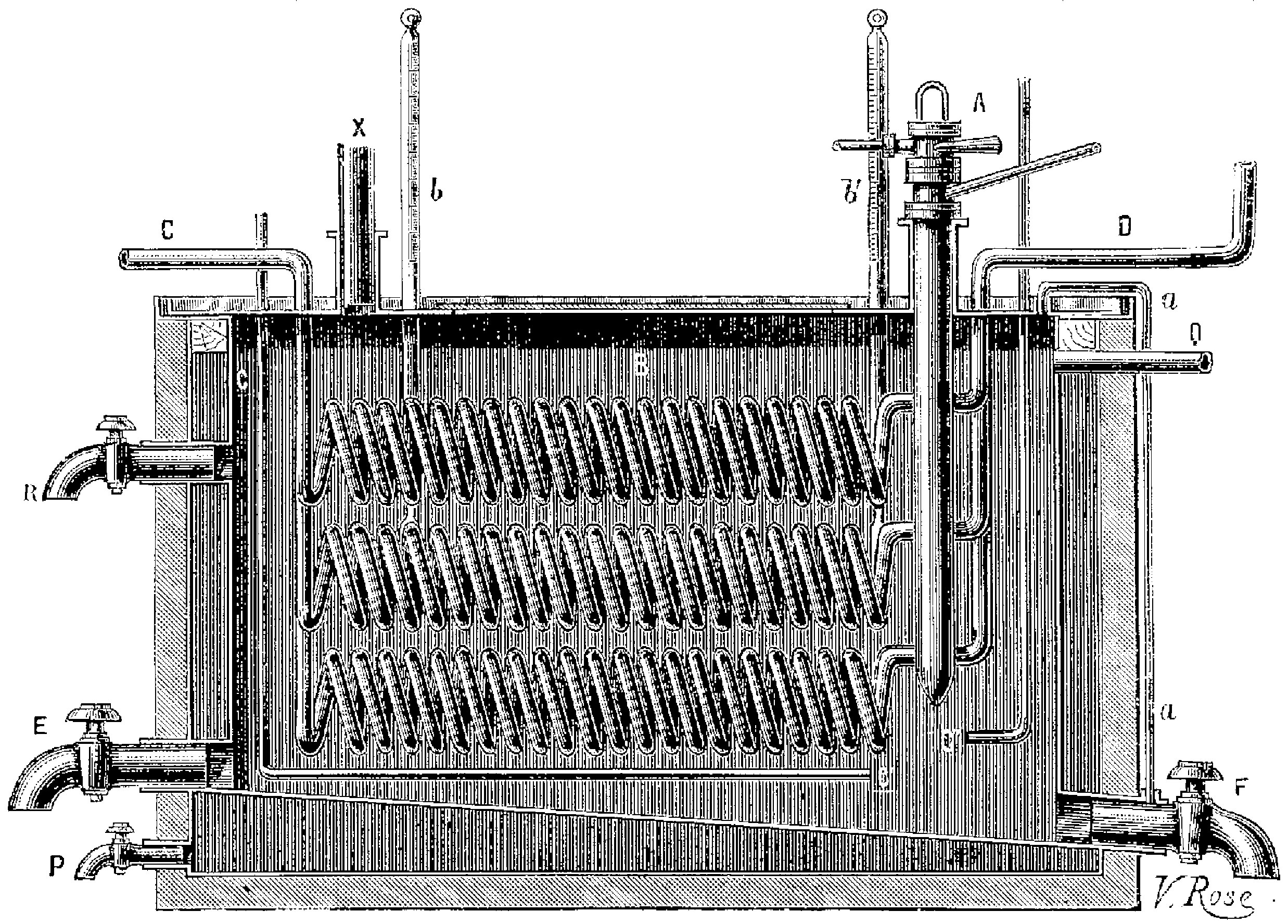 Schwarze und weiße technische Zeichnung eines zylindrischen Wärmetauschers mit Rohren und Schläuchen, beschriftet mit "Wärmetauscher".