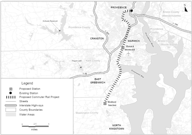 Schwarze und weiße Stadtkarte mit einem Fluss, beschriftet mit "Vorgeschlagenes Stadtbahnprojekt" auf der linken Seite, zeigt Straßen, Autobahnen und Stadtmerkmale.