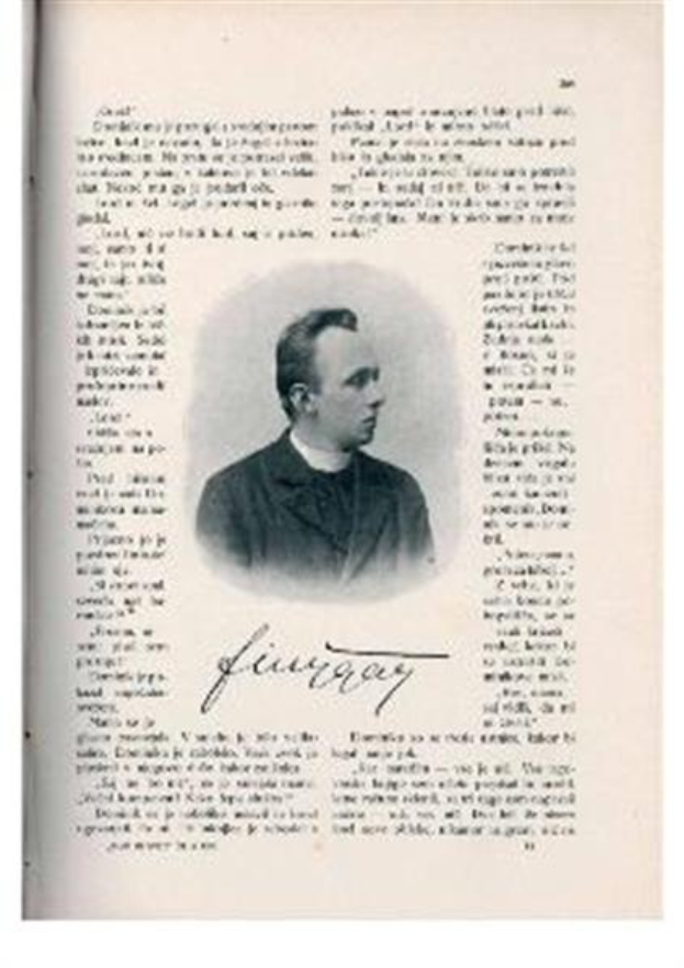 Ein Schwarz-Weiß-Foto eines Mannes in Priestergewändern, der als erster Bischof der Kirche des Heiligen Grabes gilt, mit ernstem Gesichtsausdruck und gefalteten Händen, das in einem offenen Buch zu sehen ist.