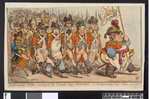 Eine Gruppe von Männern in Militäruniformen marschiert auf einer Straße, einer hält einen Stock, mit dem Text "Zusätzliche Miliz, Ausmarsch für zwanzig-tägiges Vergnügen" unten.