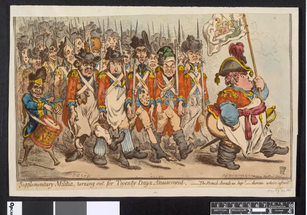 Eine Gruppe von Männern in Militäruniformen marschiert auf einer Straße, einer hält einen Stock, mit dem Text "Zusätzliche Miliz, Ausmarsch für zwanzig-tägiges Vergnügen" unten.