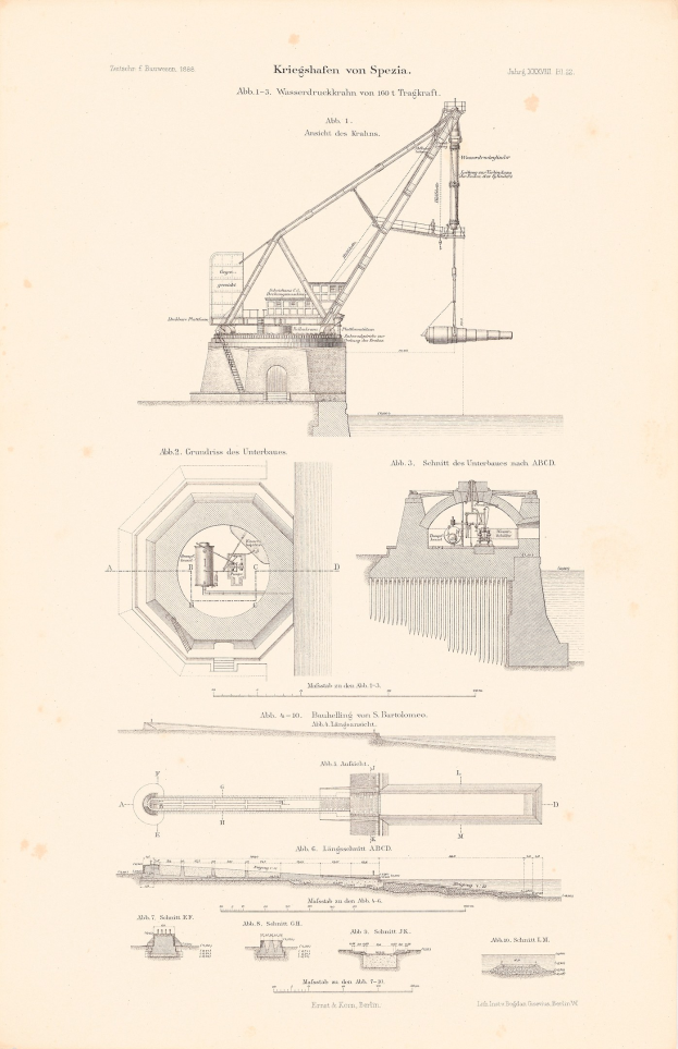 Detailierte Zeichnung eines Krans mit ausgefahrenem Arm und geneigtem Kopf, begleitet von beschreibendem Text auf Papier.