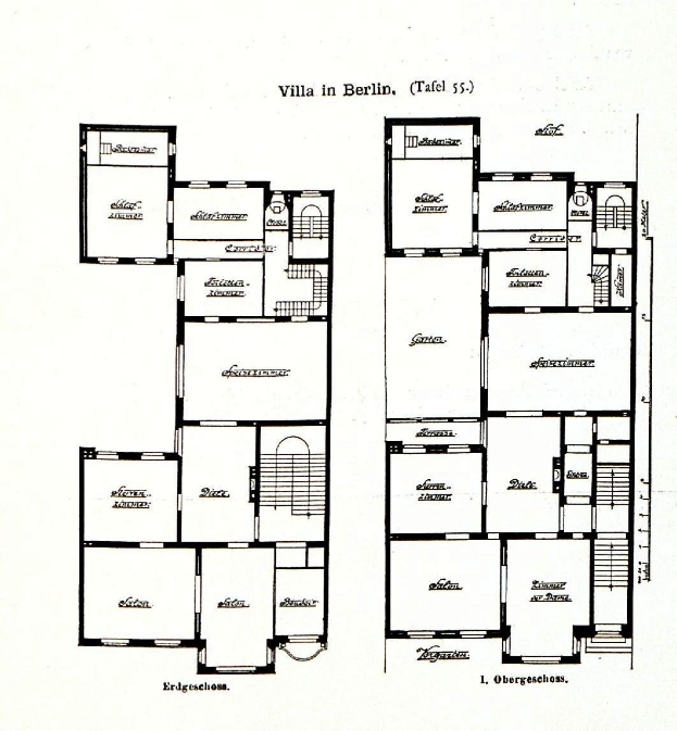 Schwarz-weißes Architekturdiagramm eines Berliner Hausgrundrisses mit beschrifteten Raumgrößen, Fenster- und Türpositionen sowie Text zur.Layout.