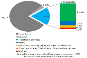 Tortendiagramm zur globalen erneuerbaren Energieversorgung im Jahr 2008, aufgeschlüsselt nach Quellen einschließlich fossiler Brennstoffe, Kernenergie, Wasserkraft, Warmwasser, Heizung, Biomasse, Solarenergie, Geothermie und Biokraftstoffe.