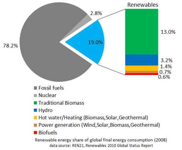 Tortendiagramm zur globalen erneuerbaren Energieversorgung im Jahr 2008, aufgeschlüsselt nach Quellen einschließlich fossiler Brennstoffe, Kernenergie, Wasserkraft, Warmwasser, Heizung, Biomasse, Solarenergie, Geothermie und Biokraftstoffe.