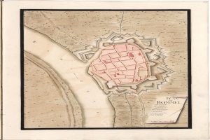 Ein altes Buch mit einem detaillierten Stadtplan von Bonn, Frankreich, samt Straßen, Gebäuden und Sehenswürdigkeiten sowie Texten über die Bevölkerung, Geschichte und Kultur der Stadt.