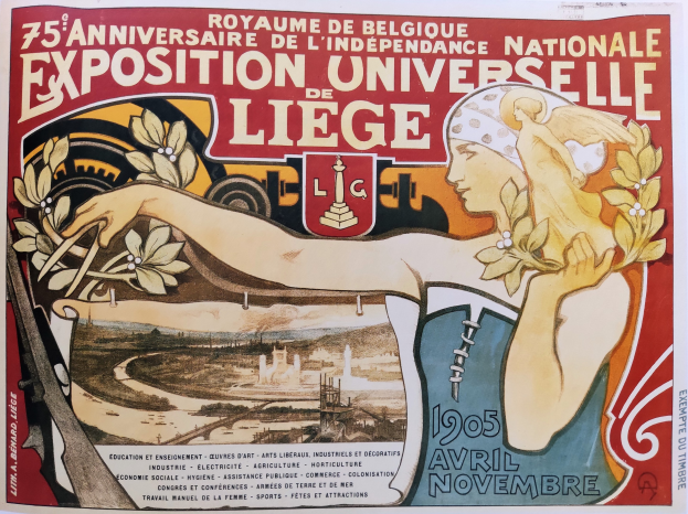 Plakat zum 75-jährigen Jubiläum der Nationalen Ausstellung Universitaire de Liège, das eine Frau mit Blumenstraßus zeigt und Text zum Event.