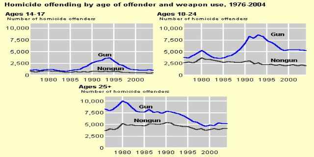 Grafik, die die Tötungsdelikte nach Alter des Täters und Waffengebrauch von 1976 bis 2004 zeigt, mit begleitendem erklärendem Text.
