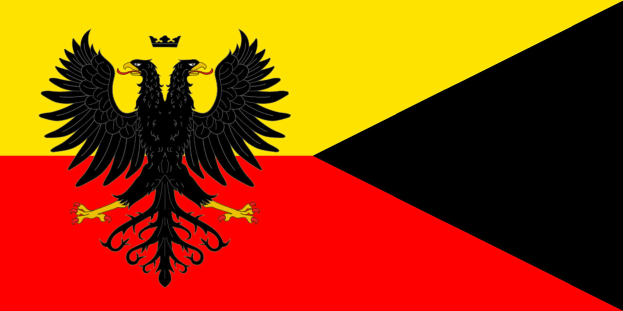Deutsches Flagge mit drei horizontalen Streifen in Schwarz, Rot und Gold, das ein schwarzes Doppeladler in der Mitte mit ausgebreiteten Flügeln und erhobenem Haupt zeigt.