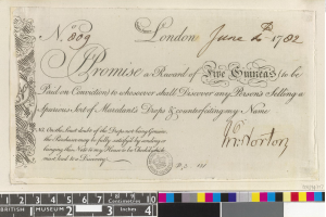 Schwarz-weißes Dokument mit handgeschriebener Text, amtliches Siegel und Farbskala unten, die eine Belohnung von fünf Emiraten für die Meldung von gefälschten Mardant's Tropfen-Verkäufen angibt.