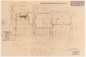 Schwarz-weißer Architekturplan vom Rosenhof-Krankenhaus in Hamburg, Deutschland, der detaillierte Grundrisse mit zahlreichen Stromkabeln und beschriftete Räume, Flure und Merkmale zeigt.