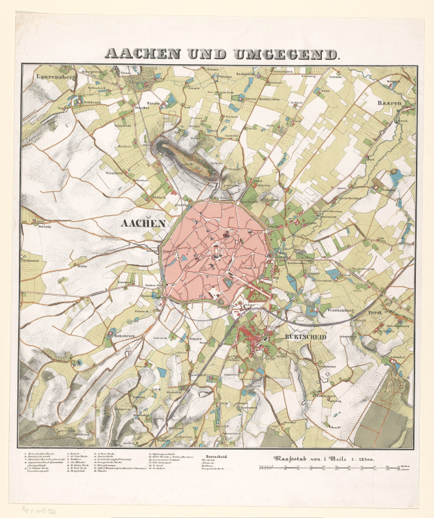 Ein detaillierter alter Stadtplan von Aachen, Deutschland, der Straßen, Gebäude und Sehenswürdigkeiten mit Text oben und unten auf dem Papier zeigt.