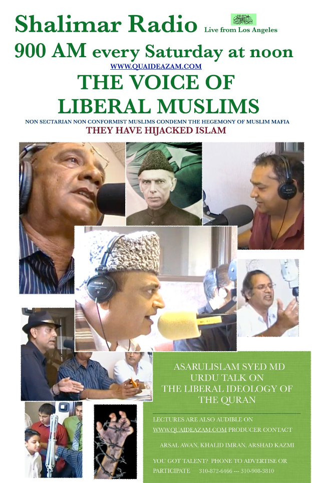 Plakat, das eine Radioshow mit dem Titel "Die Stimme der liberalen Muslime" ankündigt, mit Bildern von Menschen mit Kopfhörern und Mikrofonen in einem Gespräch.
