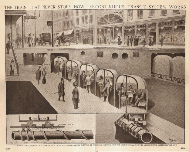 Ein Blatt mit Bildern von Menschen, Zügen und anderen Gegenständen sowie dem Titel "Der Zug, der nie aufhört - wie das kontinuierliche Transportsystem funktioniert".