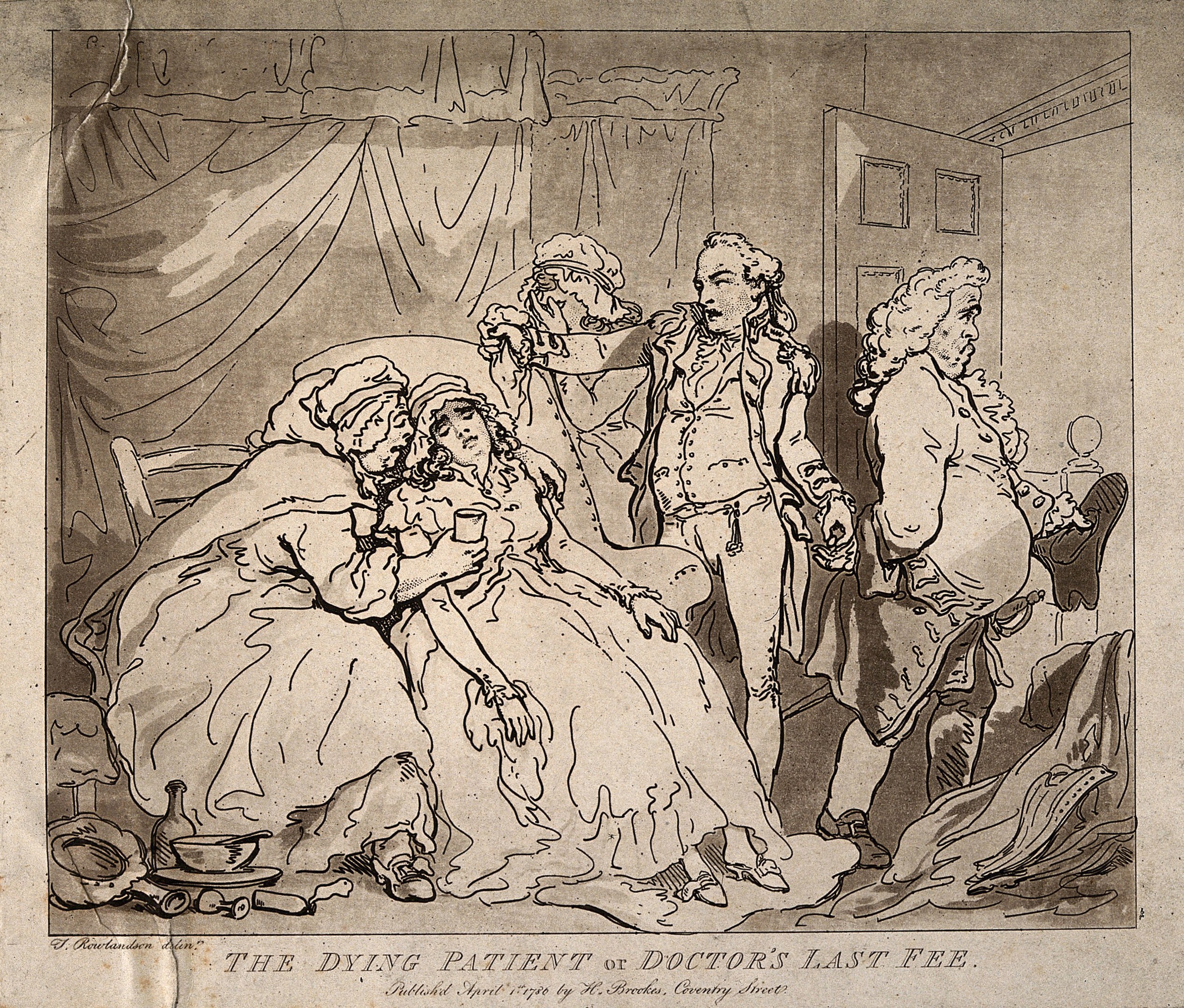 Eine handgezeichnete Skizze auf Papier zeigt einen Mann und eine Frau, die auf einem Sofa sitzen, mit einem Vorhang und einer Tür im Hintergrund, und den Text "Der sterbende Patient des Arztes letzte Gebühr" unten.