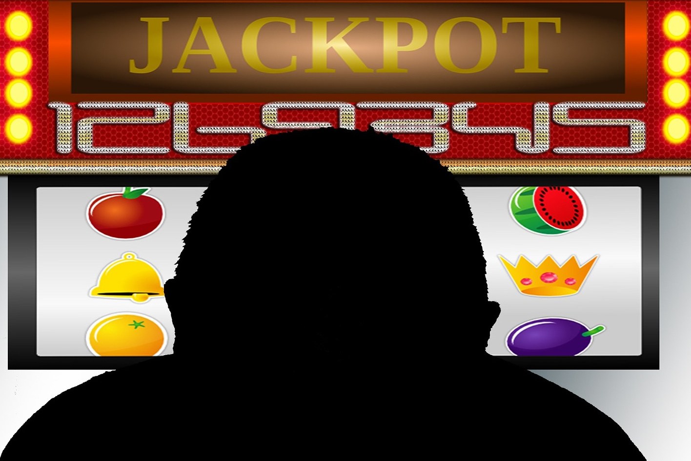 Ein Mann, der an einem Automaten mit der Aufschrift 'Jackpot' spielt, umgeben von einer Tafel mit Text und Obstbildern, die auf ein Online-Casinospiel hinweisen.