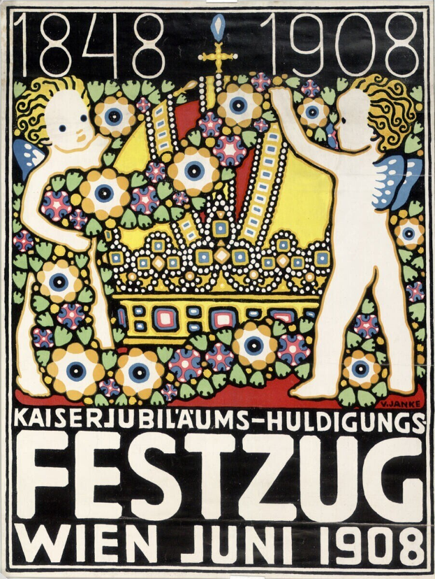 Plakat für ein Wiener Festival mit einem Gemälde von zwei Kindern, die eng nebeneinander stehen, und Text mit Festivaldetails.