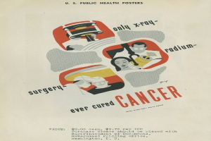 Plakat mit einem Mann in einem weißen Laborkittel und Stethoskop, der entschlossen aussieht, vor einem hellrosa Hintergrund mit großer weißer Schrift, die "Chirurgie Hat Krebs Nie Geheilt." lautet.