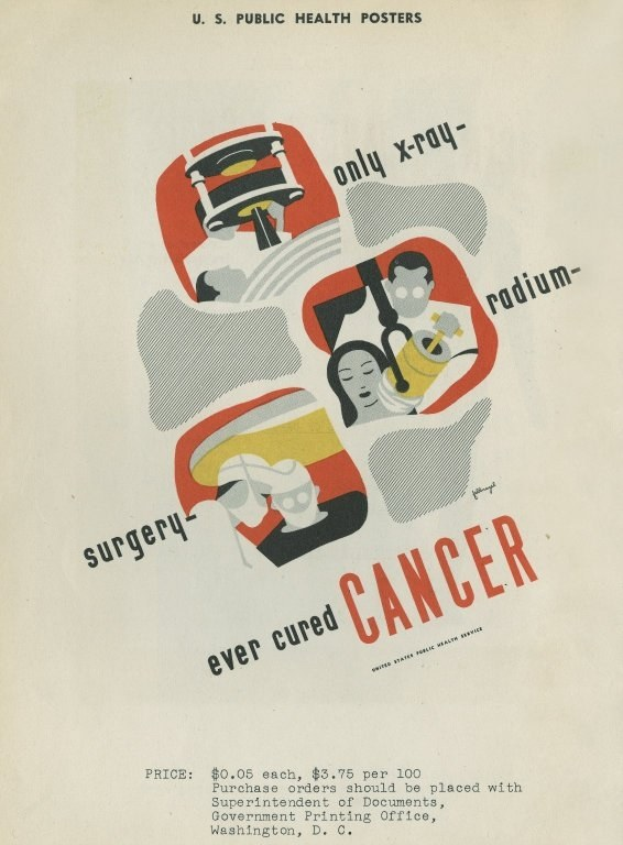 Plakat mit einem Mann in einem weißen Laborkittel und Stethoskop, der entschlossen aussieht, vor einem hellrosa Hintergrund mit großer weißer Schrift, die "Chirurgie Hat Krebs Nie Geheilt." lautet.