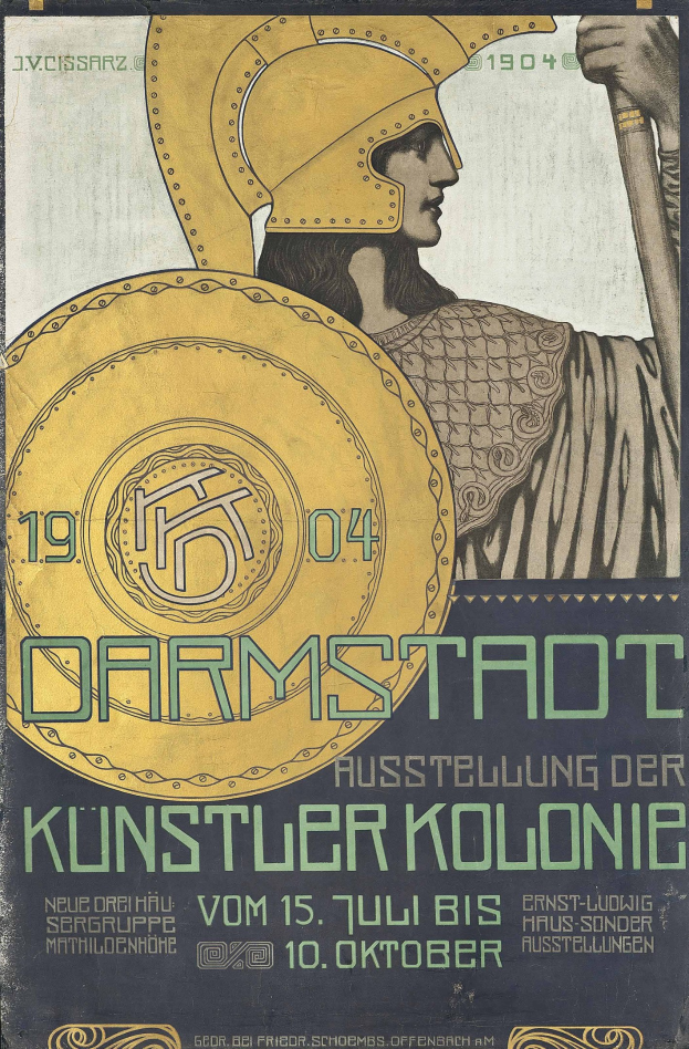 Plakat für ein 1904er Konzert in Berlin mit einer Helmsfigur, die ein Schild hält, und «Darmstadt» und «Künstler Kolonie» in fetter Schrift.