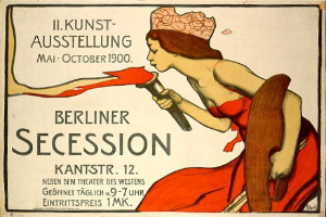 Plakat der Berliner Secession von 1900, das eine Frau in einem roten Kleid zeigt, die ein Objekt hält, mit Text zu den Ereignissen.