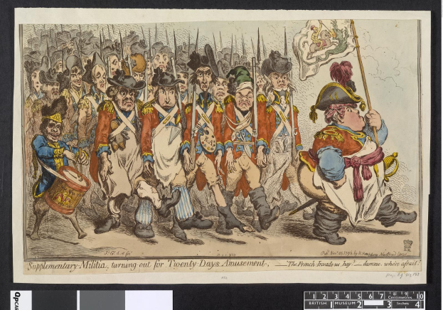 Gruppe von Männern in Militäruniformen marschiert auf einer Straße, einer hält einen Stock in der Hand, mit Text unten: 'Ergänzungsmilitär, Ausmarsch für zwanzig Tage Vergnügen'.