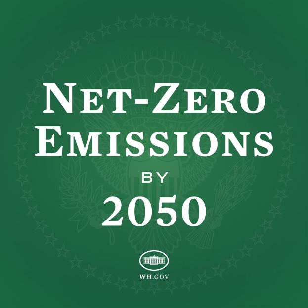 Weißer fetter Text auf grünem Hintergrund mit der Aufschrift "Netto-Null-Emissionen bis 2050."