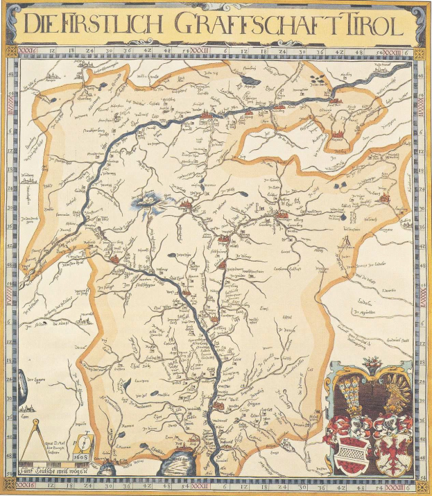Ein detailliertes historisches Plakat der ersten Grafschaft Tirol-Karte, das geographische Merkmale wie Flüsse, Berge und Städte zeigt und von erklärendem Text über die Region und ihre Bewohner begleitet wird.