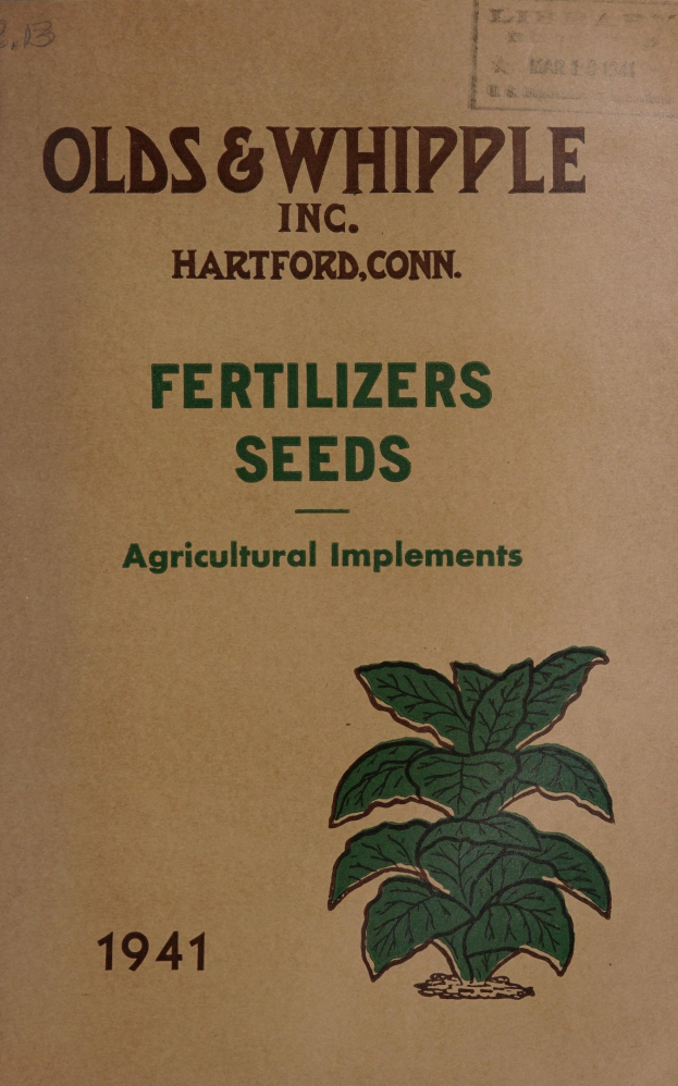 Altes Buchcover aus dem Jahr 1941 mit dem Titel "Fertilizers Seeds Agricultural Implements" mit einer Illustration einer grünen Pflanze mit mehreren Blättern und Stängeln.