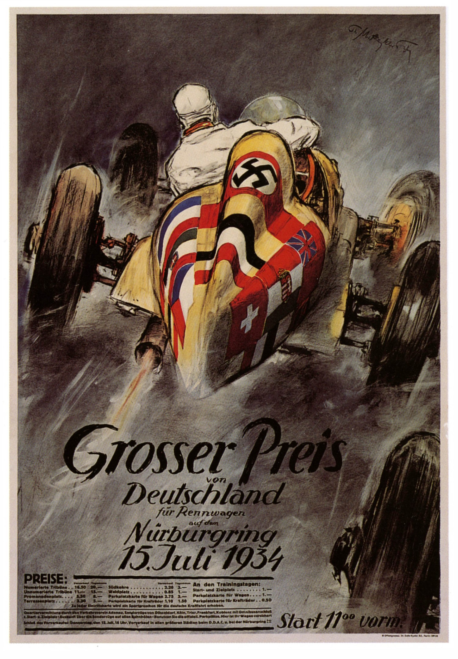 Ein Plakat, das ein Rennauto mit einer Nazi-Flagge zeigt, mit leuchtend gelben und roten Autos, einem schwarz-weißen karierten Kühlergrill, einem Fahrer in einem schwarzen Helm und einem rot-weiß gestreiften Hemd, vor einem leuchtend blauen Himmel mit weißen Wolken.