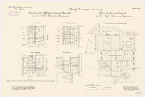 Schwarz-weißer Architekturentwurf des ehemaligen Bundeskanzleramts in der Bundesrepublik Deutschland, der detaillierte Layouts und Textanmerkungen zeigt.