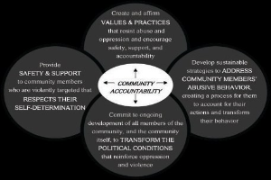 Ein Diagramm mit der Überschrift "Gemeinschaftliche Rechenschaft" und drei miteinander verbundenen Kreisen, die den zentralen Text umgeben, alles in fetter Schrift und leuchtenden Farben.