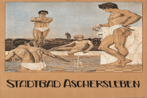 Plakat wirbt für ein Schwimmbad in Aschersleben, Deutschland, mit Menschen im Wasser und einer sitzenden Person sowie Text über die Pool-Anlagen.