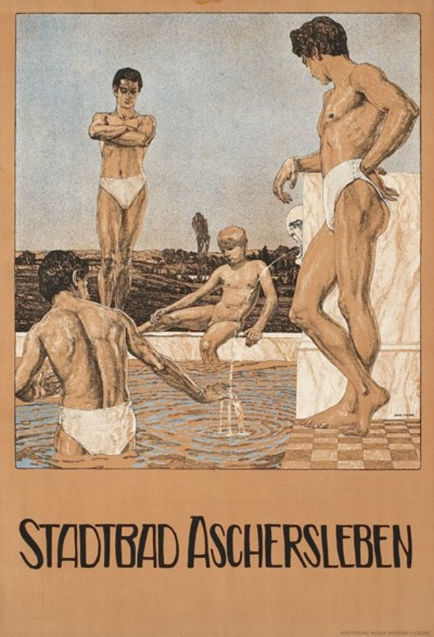 Plakat wirbt für ein Schwimmbad in Aschersleben, Deutschland, mit Menschen im Wasser und einer sitzenden Person sowie Text über die Pool-Anlagen.