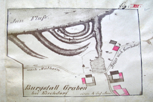 Ein detaillierter alter Stadtplan von Burgstall Graben, Deutschland, der Straßen, Gebäude und Sehenswürdigkeiten zeigt, mit begleitendem Text, der zusätzliche Informationen bietet.