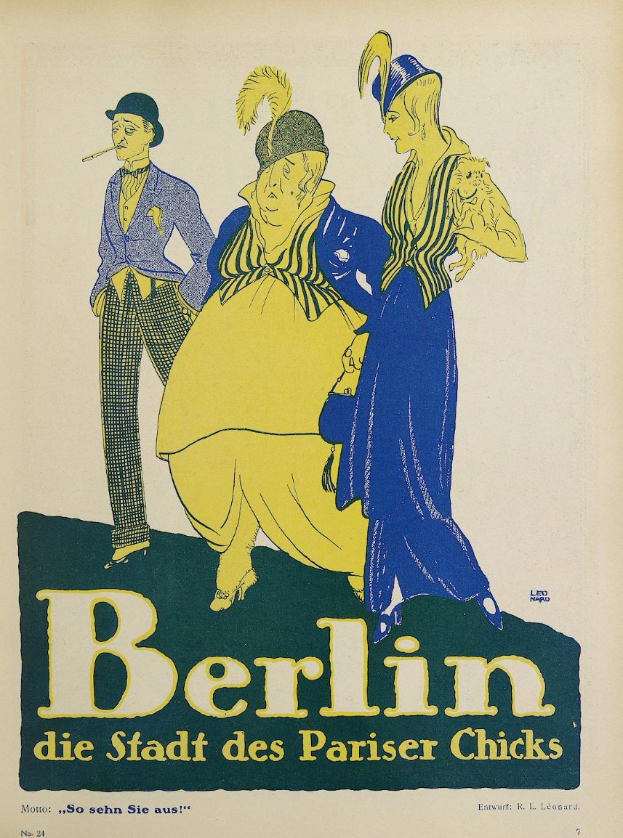 Plakat für ein Konzert in Berlin, Deutschland, das eine Gruppe farbenfroher Menschen vor einem Gebäude zeigt, mit der Aufschrift "Berlin - Die Stadt der Pariser Chicks" oben.