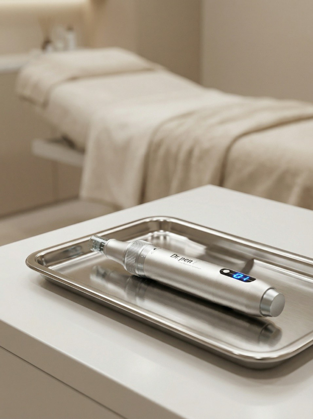 Professionelles Microneedling-Instrument auf einem sterilen Tablett in einem modernen Kosmetiksalon.